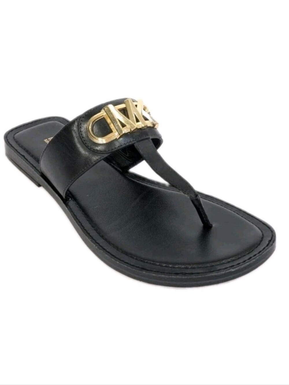 Michael Kors Black Leather Sandals sz 7 Women Flat Gold Logo hardware MK Shoes